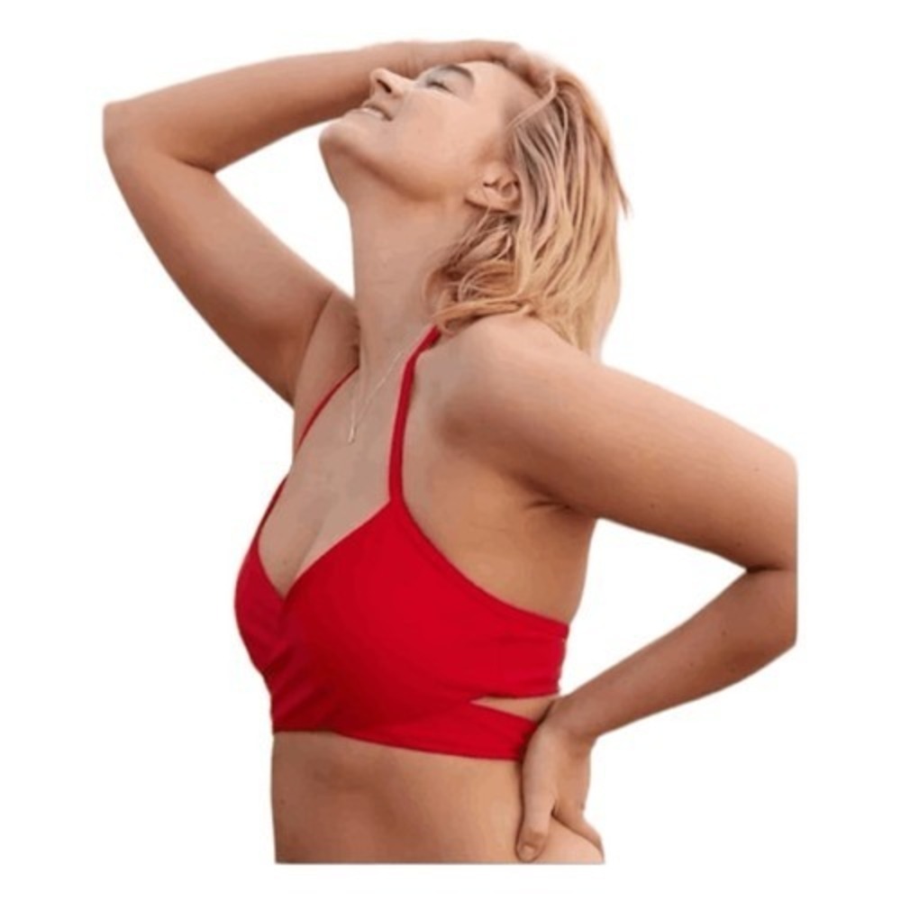 Aerie Tie Wrap Halter Bikini Top Chilly Red Nylon Scoop Removable Pads XXS - Picture 4 of 8